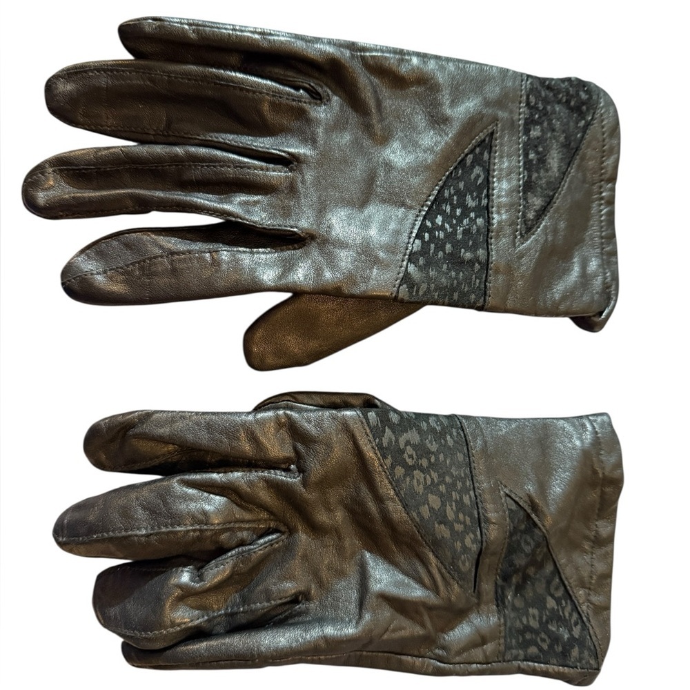 Vintage Women’s Leather Gloves with Cheetah Patterned Accents - Black, size XL